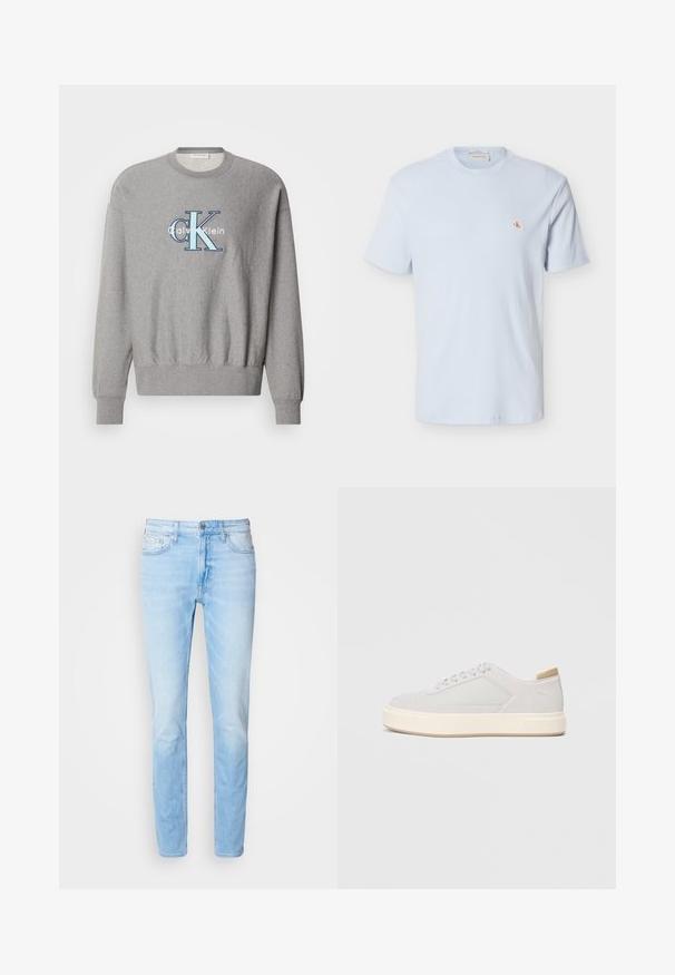 Sudadera gris con cuello redondo, puños y dobladillo de canalé, que presenta un logo azul y blanco de "Calvin Klein" en el centro. Ajuste clásico.; Camiseta de manga corta de color azul claro con tejido de gofre, cuello redondo y pequeño parche con el logo rojo "CK" en el pecho izquierdo.; Jeans de mezclilla azul claro con corte recto, diseño de cinco bolsillos, cierre de botón y un ligero desgaste. Detalle de costura clásica a lo largo de las costuras.; Zapatillas gris claro con parte superior sintética lisa, puntera redonda y una suela intermedia texturizada en color crema. Detalles en color beige claro en el talón.
