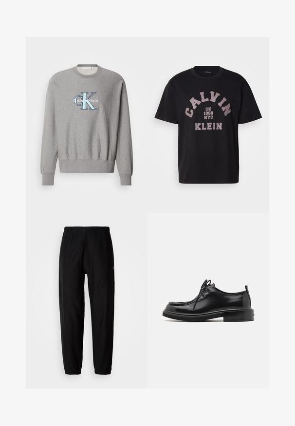 Sudadera gris con cuello redondo, puños y dobladillo de canalé, que presenta un logo azul y blanco de "Calvin Klein" en el centro. Ajuste clásico.; Camiseta de algodón negra con cuello redondo, mangas cortas y un gráfico en el frente que presenta "CALVIN KLEIN", "1968" y "NYC" en tonos beige contrastantes.; Pantalones de chándal negros con cintura elástica, piernas ajustadas y dobladillos. Textura de tela suave. Detalle del logo en un lado.; Calvin Klein LACE UP APRON BRUSH OFF - Zapatos de vestir - black