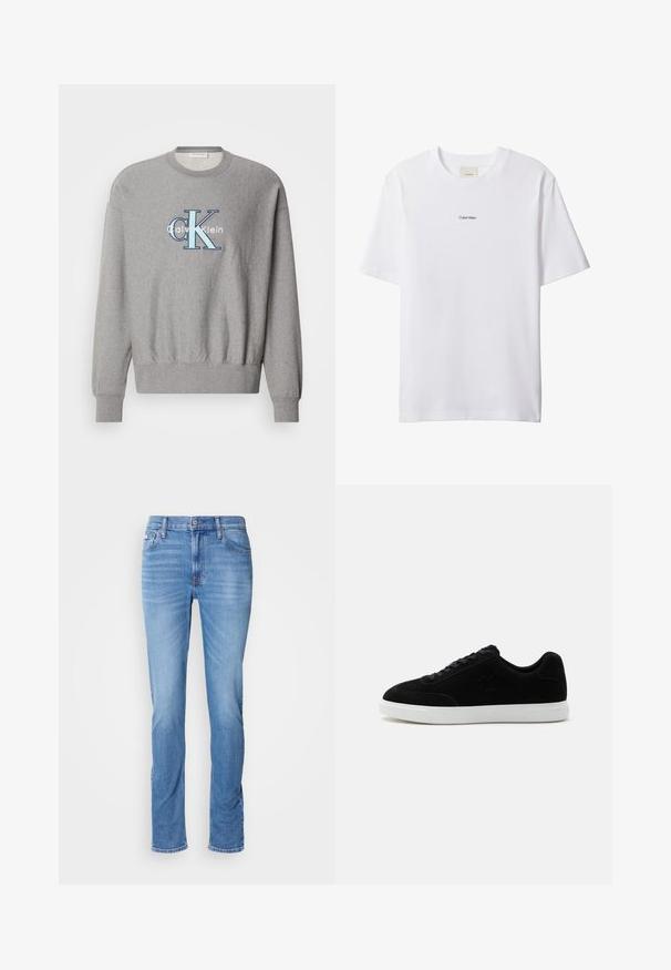 Šedá mikina so zaobleným výstrihom, rebrovanými manžetami a lemom, s modro-bielym logom "Calvin Klein" v strede. Klasický strih.; Biele bavlnené tričko s okrúhlym výstrihom a krátkymi rukávmi. Na hrudi uprostred je malý čierny nápis "Calvin Klein".; Pánske modré denimové džínsy so strihom na rovno, prednými a zadnými vreckami a malou značkou Calvin Klein pri prednom pravom vrecku.; Čierna nízka teniska so šnurovaním vpredu, jemné logo "ck" na boku a hrubá biela gumová podrážka na jednoliatom svetlom pozadí.