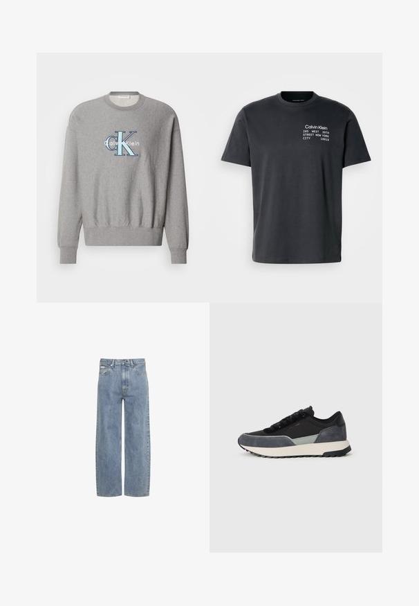 Sweatshirt gris avec un col rond, des poignets et un ourlet côtelés, présentant un logo "Calvin Klein" bleu et blanc au centre. Coupe classique.; T-shirt en coton gris foncé à manches courtes, avec un texte blanc indiquant "Calvin Klein 205 WEST 39TH STREET NEW YORK CITY 10018."; Jean bleu clair droit avec fermeture éclair et bouton à l'avant, passants de ceinture et design cinq poches.; Baskets à lacets en tissu noir avec des accents en cuir suédé gris et une semelle intermédiaire épaisse blanche avec un profil en caoutchouc noir.