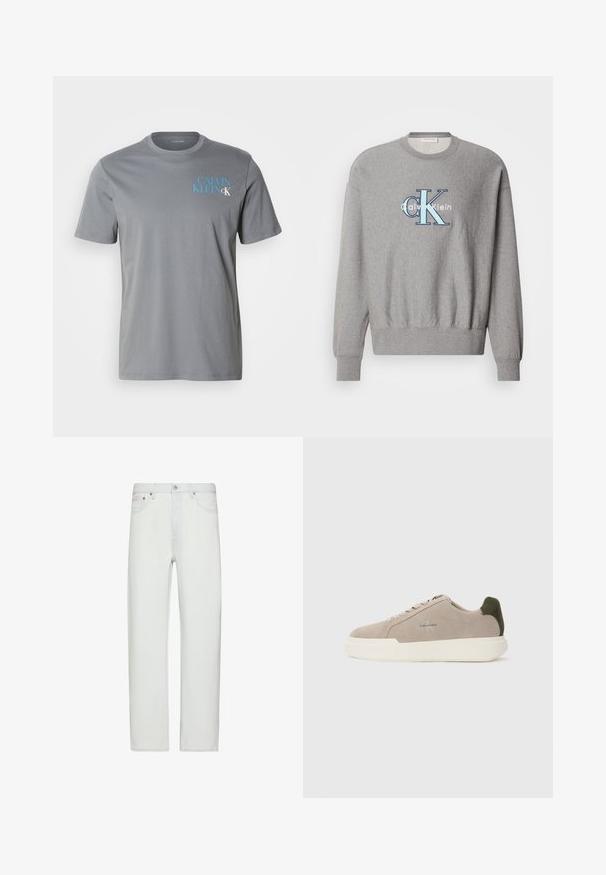 Grå sweatshirt med rund halsudskæring, ribbede ærmer og kant, med et blåt og hvidt "Calvin Klein" logo i centrum. Klassisk pasform.; Grå bomulds t-shirt med rund hals, korte ærmer, med blå "CALVIN KLEIN" tekst trykt på venstre side. Glat tekstur.; Hvide jeans med høj talje og lige ben, med knap- og lynlåslukning foran, bæltestropper og forlommer.; Beige ruskinds sneakers med en hvid gummisål, der har en mørkegrøn hælaccent og subtil branding på siden.