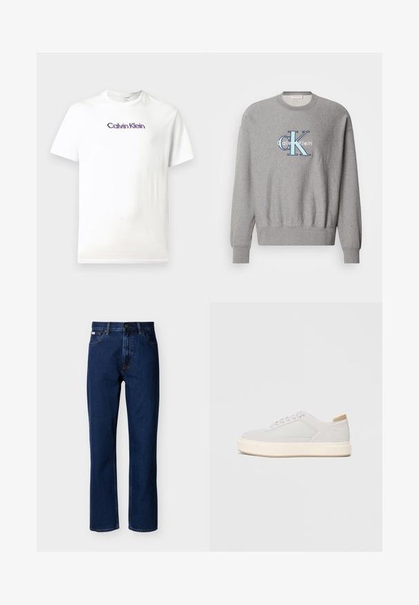 Sudadera gris con cuello redondo, puños y dobladillo de canalé, que presenta un logo azul y blanco de "Calvin Klein" en el centro. Ajuste clásico.; Camiseta de algodón blanca con cuello redondo, mangas cortas y un logo morado de "Calvin Klein" impreso en el pecho.; Vaqueros azul oscuro de corte recto hechos de mezclilla, con un diseño clásico de cinco bolsillos, costuras sutiles y cierre frontal con botón.; Zapatillas gris claro con parte superior sintética lisa, puntera redonda y una suela intermedia texturizada en color crema. Detalles en color beige claro en el talón.