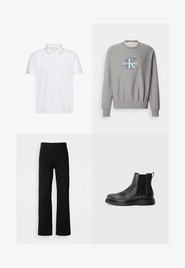 Grauer Sweatshirt mit rundem Halsausschnitt, gerippten Bündchen und Saum, mit einem blauen und weißen "Calvin Klein" Logo in der Mitte. Klassische Passform.; Weißes Poloshirt mit kurzen Ärmeln, Zwei-Knopf-Leiste, grauem Besatz an Kragen und Bündchen sowie kleinem auf der Brust aufgesticktem "ck"-Logo.; Schwarze Baumwollhosen mit geradem Bein, ausgestattet mit einem Knopfverschluss und Gürtelschlaufen. Glatte Textur und minimalistischer Stil ohne sichtbare Muster.; Schwarze Leder-Chelsea-Boots mit strukturiertem Finish, elastischen seitlichen Einsätzen und einer robusten Gummisohle. Dezentes Branding an der Ferse.