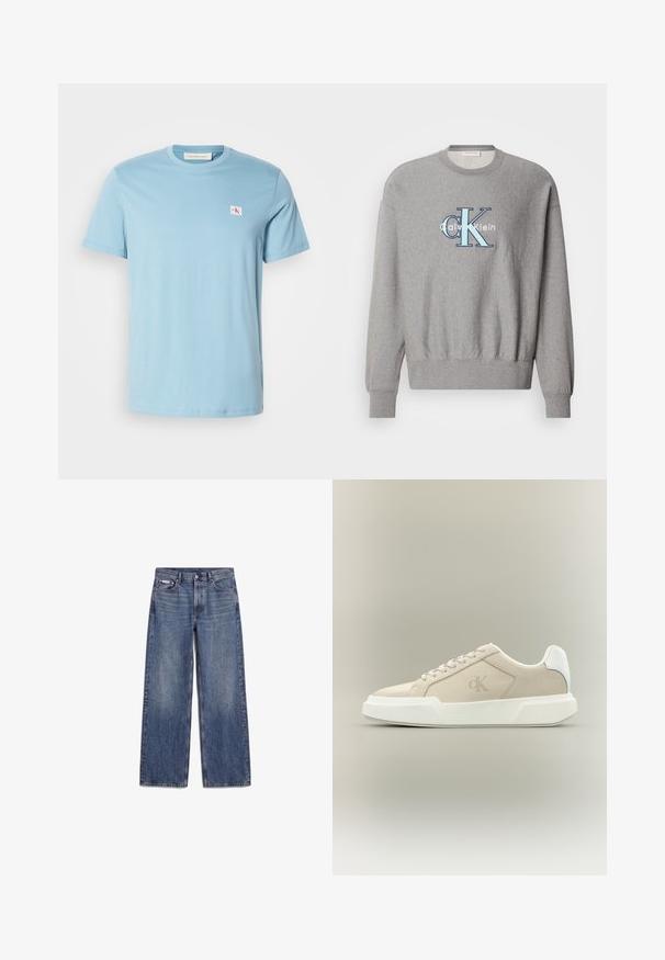 Grauer Sweatshirt mit rundem Halsausschnitt, gerippten Bündchen und Saum, mit einem blauen und weißen "Calvin Klein" Logo in der Mitte. Klassische Passform.; Helles blaues Baumwoll-T-Shirt mit kurzen Ärmeln, rundem Halsausschnitt und kleinem Logopatch auf der linken Brust. Glatte Textur und schlichte Gestaltung.; Blaue Jeans mit geradem Bein, Vordertaschen, Gürtelschlaufen und Knopfverschluss, flach auf weißem Hintergrund liegend.; Beiger Low-Top-Sneaker mit dicker weißer Sohle, Schnürsenkeln, weißer Fersenschlaufe und dezentem CK-Logo auf dem Seitenpanel.