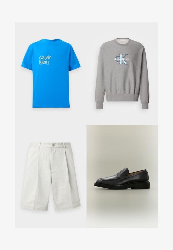 Šedá mikina so zaobleným výstrihom, rebrovanými manžetami a lemom, s modro-bielym logom "Calvin Klein" v strede. Klasický strih.; Svetlomodré bavlnené tričko s krátkymi rukávmi, s veľkým žltým logom "calvin klein" na prednej strane a textom "new york city / since 1981".; Svetlosivé šortky z textúrovaného materiálu s gombíkovým zapínaním, záhybmi a rovnostrihým strihom, vhodné na bežné nosenie.; Čierny kožený pánsky mokasín s nízkym podpätkom a pásikovým detailom cez hornú časť, zobrazený v profile na neutrálnom pozadí.