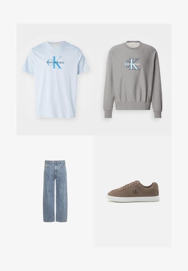 Šedá mikina so zaobleným výstrihom, rebrovanými manžetami a lemom, s modro-bielym logom "Calvin Klein" v strede. Klasický strih.; Svetlo modré bavlnené tričko s veľkým modrým logom „CK“ a textom „Calvin Klein“ v kontrastnej tmavšej modrej farbe. Krátke rukávy, dizajn s okrúhlym výstrihom.; Svetlomodré rifle s rovnými nohavicami, predným zapínaním na gombík a zips, pútkami na opasok a dizajnom s piatimi vreckami.; Nízke tenisky z semišu v farbe taupe s béžovými šnúrkami, bielou gumovou podrážkou a nenápadným logom "cK" na boku.