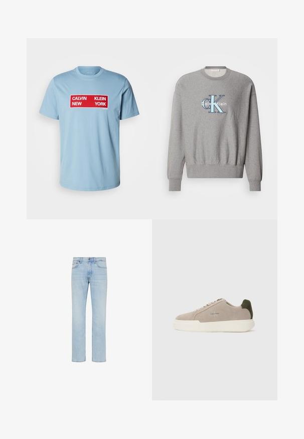 Šedá mikina so zaobleným výstrihom, rebrovanými manžetami a lemom, s modro-bielym logom "Calvin Klein" v strede. Klasický strih.; Calvin Klein Jeans BOX GRAPHIC TEE - Tričko s potlačou - smoke blue; Svetlomodré rifle s rovnými nohavicami, predným gombíkom, zipsom a dizajnom s piatimi vreckami zobrazené na bielom pozadí.; Béžové semišové tenisky s bielou gumovou podrážkou, zdobené tmavozeleným akcentom na päte a jemným brandingom na boku.