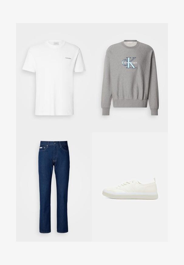 Grijze sweatshirt met een ronde halslijn, geribbelde manchetten en onderrand, met een blauw-wit "Calvin Klein" logo in het midden. Klassieke pasvorm.; Witte katoen T-shirt met korte mouwen en een ronde hals. Bevat een klein zwart "Calvin Klein" logo op de linkerborst.; Donkerblauwe spijkerbroek met een rechte pijpdesign, voorzien van een rits en knoopsluiting, vijf zakken en subtiele stikseldetails.; Calvin Klein TOP LACE UP UNIFIT - Sneakers laag - salt bay