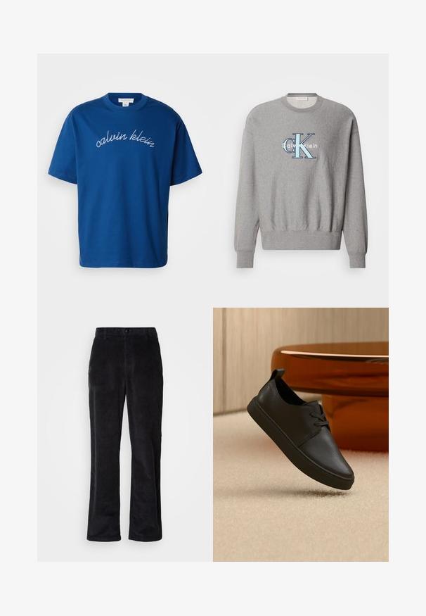 Hallgray nii, millel on ümar kaelus, soonikuga varrukad ja ääred, keskosas on sinise ja valge "Calvin Klein" logo. Klassis sobivus.; Sinine puuvillane T-särk, millel on ümmargune kaelus ja lühikesed varrukad, ning rinnal on elegantselt valges kalligraafias tikitud "calvin klein".; Tume musta püksid sametriidest, sirge jala lõikega, millel on nööpidega sulgur, vööaugud ja küljetaskud praktiliseks kandmiseks.; Must nahast vabaajajalats nööridega, hõljumas beežil vaibal, taustal merevaigukarva ümarguse klaasist laua.