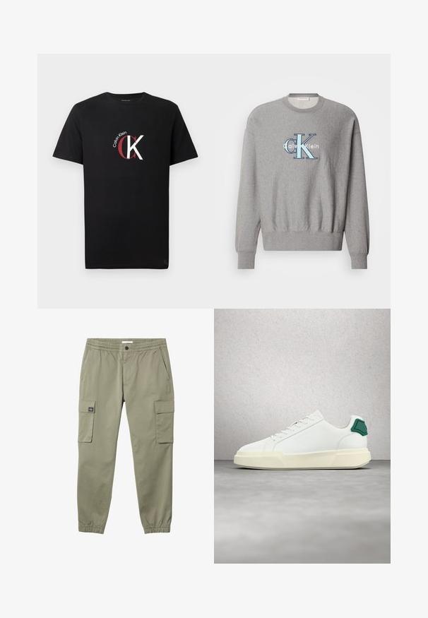Grå sweatshirt med rund halsudskæring, ribbede ærmer og kant, med et blåt og hvidt "Calvin Klein" logo i centrum. Klassisk pasform.; Sort bomulds-T-shirt med en hvid og rød "Calvin Klein"-logo samt et stiliseret "CK"-grafisk motiv foran. Korte ærmer.; Lysegrønne cargobukser med elastisk talje og manchetter, sidelommer og klaplommer på begge lår.; Hvid lavtop-sneaker med grøn hælkappe, tyk off-white sål og præget brandnavn, vist mod en reflekterende glasblokvæg.