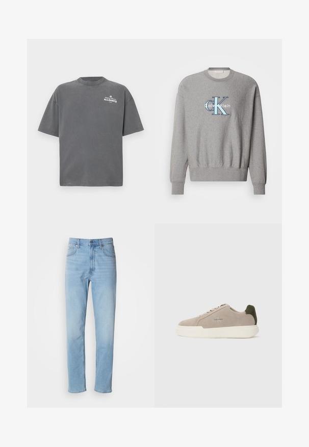 Grijze sweatshirt met een ronde halslijn, geribbelde manchetten en onderrand, met een blauw-wit "Calvin Klein" logo in het midden. Klassieke pasvorm.; Donkergrijs T-shirt met korte mouwen en ronde hals met klein wit "ALLSAINTS"-logo op de linker bovenborst.; Lichtblauwe denim jeans met een rechte pasvorm, vijf zakken en riemlussen. De stof heeft een gladde textuur met een lichte vervaging.; Beige suède sneakers met een witte rubberen zool, voorzien van een donkergroene hielaccent en subtiele branding aan de zijkant.