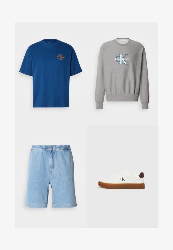 Grauer Sweatshirt mit rundem Halsausschnitt, gerippten Bündchen und Saum, mit einem blauen und weißen "Calvin Klein" Logo in der Mitte. Klassische Passform.; Blaues Baumwoll-T-Shirt mit Rundhalsausschnitt, kurzen Ärmeln und einem orangefarbenen Calvin Klein-Logo auf der linken Brust. Schlichte und klassische Schnittform.; Helle blaue Jeansshorts mit elastischem Bund, vorderem Knopfverschluss, seitlichen Taschen und geradem Schnitt. Mittlere Oberschenkel-Länge.; Weiße Sneaker mit einer Gummisohle, flachen Schnürsenkeln und einem braunen Wildleder-Heel-Akzent. Mit einem dezenten, geprägten "cK"-Logo an der Seite.