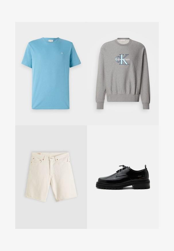 Šedá mikina so zaobleným výstrihom, rebrovanými manžetami a lemom, s modro-bielym logom "Calvin Klein" v strede. Klasický strih.; Svetlomodré bavlnené tričko s okrúhlym výstrihom, krátkymi rukávmi a malým bielym logom v hornej ľavej časti hrudníka. Hladká textúra.; Biele rifle krátke nohavice s predným gombíkom a zipsom, piatimi vreckami a detailmi s medenými nitmi, položené na svetlom pozadí.; Čierna leštená kožená šnurovacia obuv s hrubou gumovou podrážkou a nízkym podpätkom, bočný nápis značky "SAMSOE" a zadné ťahadlo.