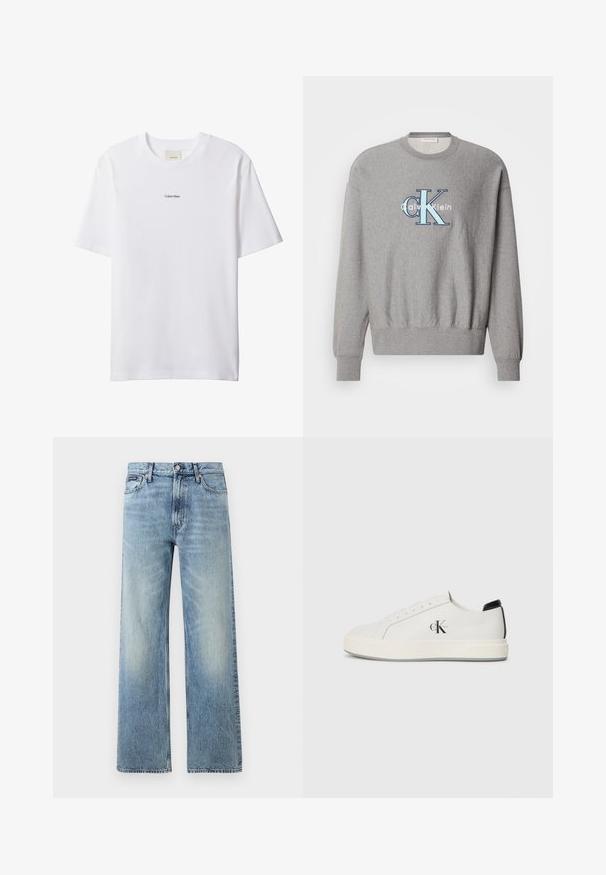 Grå sweatshirt med rund halsudskæring, ribbede ærmer og kant, med et blåt og hvidt "Calvin Klein" logo i centrum. Klassisk pasform.; Hvid bomuld t-shirt med rund hals og korte ærmer. Har en lille sort "Calvin Klein"-logo centreret på brystet.; Lyseblå denim jeans med lige ben, højt talje, fem lommer, knaplukning og diskrete falmede områder på lår og knæ.; Hvide lædersneakers med rund tå, flad gummisål og sort hælaccent. Har et fremtrædende sort Calvin Klein-logo på siden.