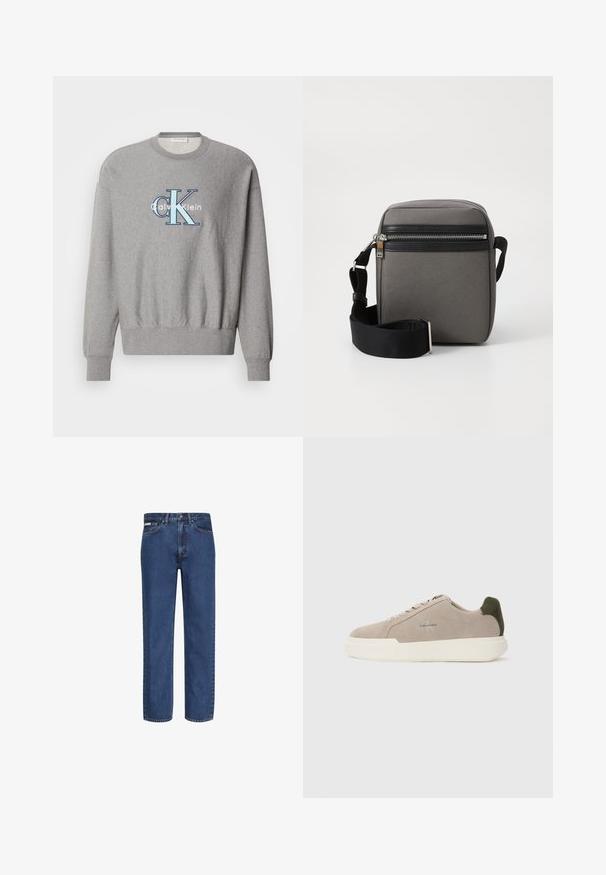 Harmaa collegepaita, jossa on ympyräkaulus, röyhelöillä varustetut hihansuut ja helma, keskellä sinivalkoinen "Calvin Klein" -logo. Klassinen malli.; Siniset suorat farkut, jotka on valmistettu denimistä. Niissä on viisi taskua, nappi- ja vetoketjukiinnitys sekä hienovarainen haalistuma kankaassa.; Beige mokkasandaalit valkoisella kumipohjalla, joissa on tumma vihreä kantapään yksityiskohta ja hienovarainen brändäys sivussa.; Harmaa kangas olkalaukku, jossa on musta vetoketjullinen tasku, säädettävä hihna ja suorakulmainen muoto. Sisältää sileän pinnan ja metalliosat.