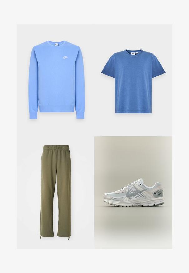 Vaaleansininen Nike-paita, jossa pitkät hihat, pyöreä kaulus, resorit hihansuissa ja helmassa sekä pieni valkoinen Nike-logo vasemmassa rinnassa.; Sininen puuvillainen t-paita pyöreällä kaula-aukkolla, lyhyillä hihoilla ja rentolla istuvuudella. Siinä on sileä pinta ja vähän saumoja.; Vihreät puuvillaiset collegehousut, joissa on joustava vyötärö, suorat lahkeet ja säädettävät narut nilkoissa. Pehmeä kangas, rento muotoilu.; Valkoinen ja harmaa Nike-juoksukenkä, jossa on verkkokangas- ja synteettiset päällysteet, harmaa swoosh-logo, pehmustettu pohja ja kuvioitu kantatuki.