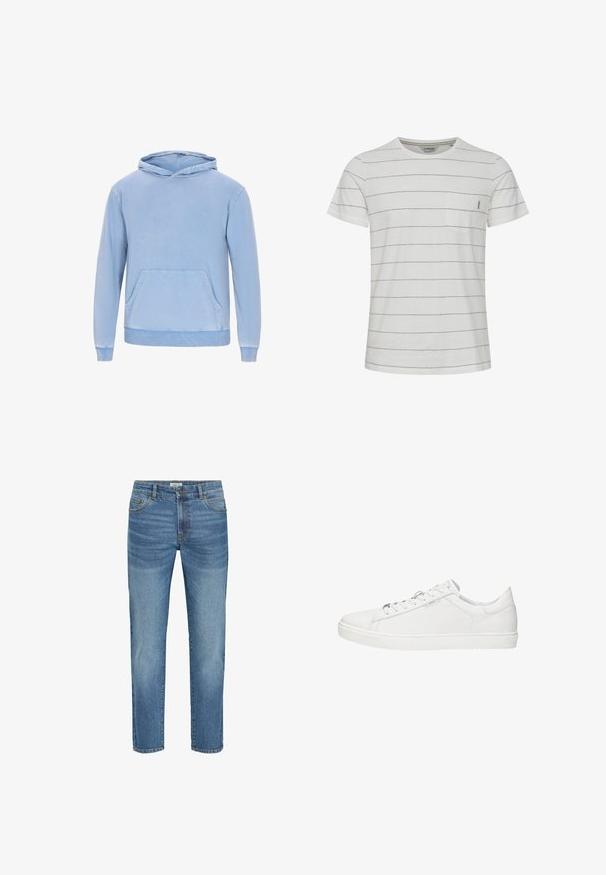 Helleblaues Kapuzenoberteil aus weichem Stoff, mit einer Fronttasche, ribbelten Bündchen und einem lässigen Schnitt.; Weißes T-Shirt mit kurzen Ärmeln und navyblauen horizontalen Streifen. Verfügt über eine kleine Brusttasche und einen Rundhalsausschnitt. Hergestellt aus einem weichen Baumwollmix.; Hellblaue Jeans aus Denim mit klassischem geradem Bein, ausgestattet mit fünf Taschen, Metallknopfverschluss und leichtem Verblassen des Stoffes.; Weiße Leinenschuhe mit niedrigem Design, flachen Schnürsenkeln, abgerundetem Zehenbereich und strukturiertem Gummisohle. Merkmale eine minimalistische Steppakzente.