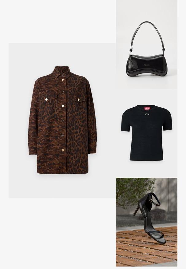 Sort kortærmet T-shirt med rund hals, lavet af blødt stof, med en rund sølvdetalje nær halsudskæringen og et rødt mærke.; Langærmet skjorte med knapper i en blanding af brun camouflage og leopardmønstre, med forlommer med klapper og guldfarvede knapper.; Sort højhælet sandal med ankelsnor, der ser ud til at svæve over et trægulv udendørs med sløret grønt og sten i baggrunden.; Sort patentlæder håndtaske med en buet form, et enkelt håndtag og en rund bund. Har en subtil logo-detalje på forsiden.