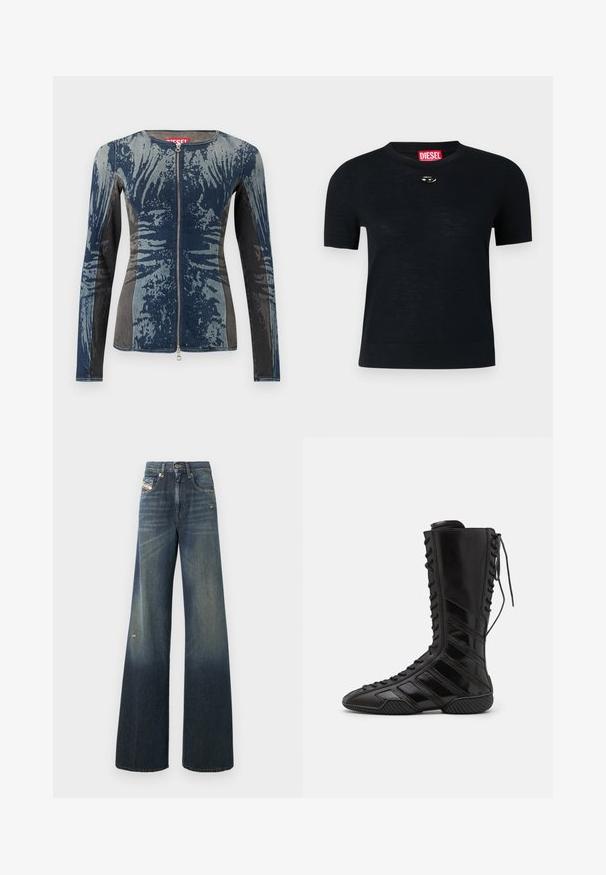 Must на lühikeste varrukatega must T-särk ümmarguse kaelusega, valmistatud pehmest kangast, millel on ümara hõbedase aktsendi jaoks kaela lähedal ja punane silt.; Denim jean jope, mis on sinise ja halli segu, millel on tõmblukuga esiosa, pikad varrukad ja ainulaadne abstraktne muster. Tekstuuriga kangas.; Laia sääreosaga paksud teksad tumesinises toonis, mis on kulunud ja pleekinud, esiplaanil on kulunud põlveosa ning klassikaline viie taskuga disain koos sildiga.; Mustad musta kõrgema varrega saapad, mis on valmistatud läikivast sünteetilisest materjalist, omavad keerukat nöörimise disaini ja diagonaalseid triibu aktsente külgedel.