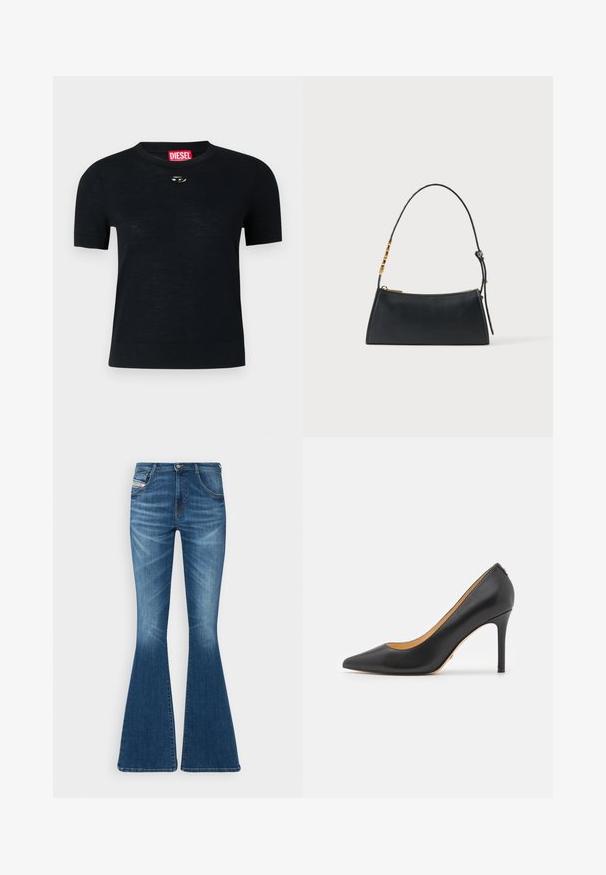 Sort kortærmet T-shirt med rund hals, lavet af blødt stof, med en rund sølvdetalje nær halsudskæringen og et rødt mærke.; Flared jeans i mellemblå denim med høj talje, fem-lomme design og subtile whiskering-detaljer ved lårene.; Sort læder spidse stiletto hæle med høj hæl, der har en glat overflade og minimalistisk design. Indersiden er foret i tan farve.; Sort læderhåndtaske med en guldlås og justerbar rem med gyldne rektangulære detaljer på en hvid baggrund.