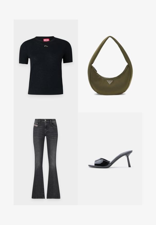 Camiseta negra de manga corta con cuello redondo, confeccionada en tejido suave, que presenta un acento plateado redondeado cerca del escote y una etiqueta roja.; Jeans de denim gris oscuro con corte acampanado, cintura alta, diseño de cinco bolsillos, herrajes plateados y un desvanecimiento sutil. Presenta una etiqueta de marca en el lateral.; Sandalias de tacón con punta abierta de charol negro, con un diseño superior curvado y tacón de aguja cónico. Acabado liso y brillante.; Bolso hobo verde oliva con una textura suave, forma curvada y un logotipo triangular plateado. Cuenta con un cierre de cremallera y una correa de hombro suave y gruesa.