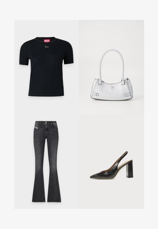 Camiseta negra de manga corta con cuello redondo, confeccionada en tejido suave, que presenta un acento plateado redondeado cerca del escote y una etiqueta roja.; Jeans de denim gris oscuro con corte acampanado, cintura alta, diseño de cinco bolsillos, herrajes plateados y un desvanecimiento sutil. Presenta una etiqueta de marca en el lateral.; Zapato slingback de piel negra con puntera puntiaguda, tacón alto y ancho, y forro interior beige sobre un fondo claro y liso.; Bolso de mano plateado con un diseño estructurado, que cuenta con dos asas, textura brillante, herrajes de acento y un logo triangular en la parte frontal.