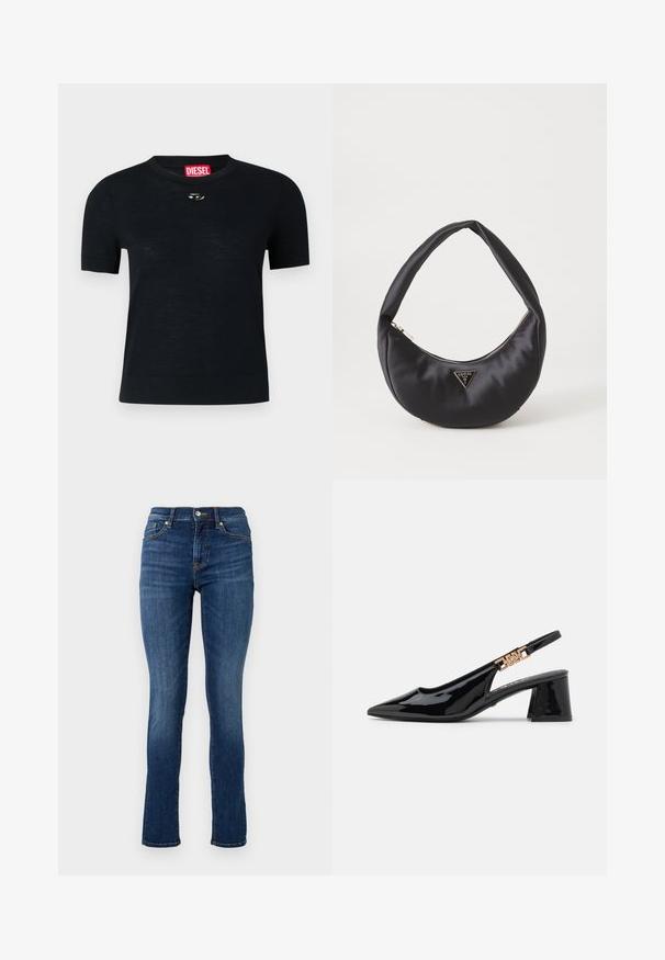 Zwarte T-shirt met korte mouwen en een ronde hals, gemaakt van zachte stof, met een afgeronde zilveren accent nabij de halslijn en een rood etiket.; Donkerblauwe skinny jeans van denim, met een standaard tailleband, zijzakken en subtiele stikseldetails.; Zwarte gepatineerde leren slingback pumps met een spitse neus en goudkleurige hardware op de band, met een blokhak. Glad textuur.; Zwarte satin handtas met een gebogen vorm, voorzien van een ritssluiting en een driehoekig metalen logo aan de voorkant. Gladde textuur en een slank ontwerp.