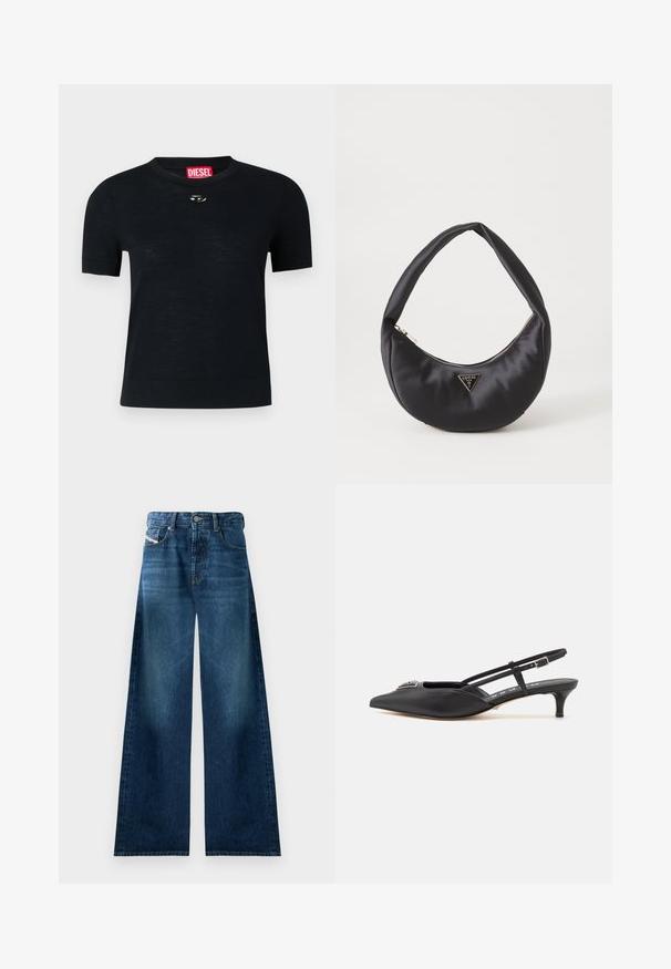 Sort kortærmet T-shirt med rund hals, lavet af blødt stof, med en rund sølvdetalje nær halsudskæringen og et rødt mærke.; Bredde denimjeans i mørk vask. Har traditionelt fem-lomme design, knappelukning og let falmning på lårerne.; Sorte slingback-sko med spids tå, lavet af glat materiale, med en lille hæl og en dekorativ sølvaccent på vamps.; Sort satin håndtaske med en buet form, der har en lynlåslukning og et trekantet logo i metal på forsiden. Glat tekstur og slankt design.