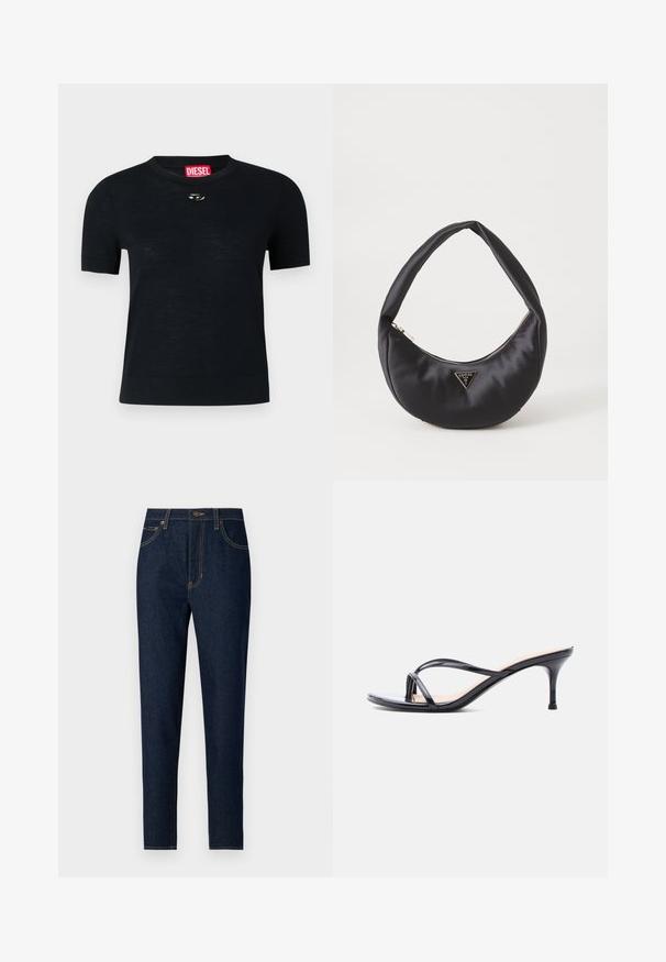 T-shirt noir à manches courtes avec col rond, fabriqué en tissu doux, comportant un accent argenté arrondi près de l'encolure et une étiquette rouge.; Jean en denim foncé avec un design à jambe droite. Comprend des poches avant, des poches arrière et des coutures jaunes contrastantes. Fermeture classique à bouton.; Sandale à talon en cuir verni noir avec fines lanières croisées et talon aiguille moyen et élancé sur fond blanc.; Sac à main en satin noir avec une forme courbée, doté d'une fermeture à glissière et d'un logo triangulaire en métal à l'avant. Texture lisse et design épuré.