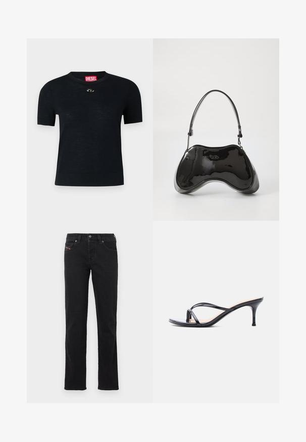 T-shirt noir à manches courtes avec col rond, fabriqué en tissu doux, comportant un accent argenté arrondi près de l'encolure et une étiquette rouge.; Jean en denim noir avec une coupe droite, doté d'une fermeture à boutons sur le devant, de cinq poches et de détails de couture subtils.; Sandale à talon en cuir verni noir avec fines lanières croisées et talon aiguille moyen et élancé sur fond blanc.; Sac à main en cuir verni noir avec une forme incurvée unique, une anse courte et ajustable, et une fermeture zippée. Texture lisse avec un branding discret.