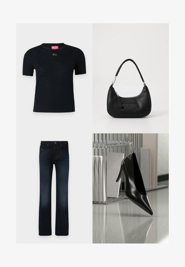 Camiseta negra de manga corta con cuello redondo, confeccionada en tejido suave, que presenta un acento plateado redondeado cerca del escote y una etiqueta roja.; Jeans de mezclilla azul oscuro, con un diseño de pierna recta, cinco bolsillos y un sutil desgaste en los muslos y la parte inferior de las piernas.; Zapato de tacón alto negro con punta afilada y logo dorado, colocado sobre una superficie reflectante cerca de un organizador de archivos de alambre cromado con documentos.; Bolso de hombro sintético negro con forma curvada, que presenta una cremallera plateada y un logo en relieve de "tommy jeans" en la parte frontal.