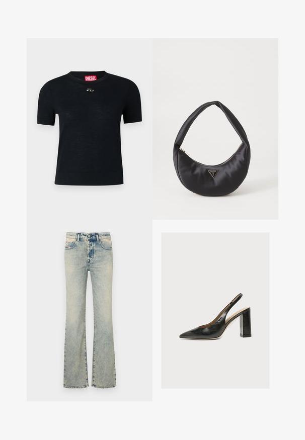 Sort kortærmet T-shirt med rund hals, lavet af blødt stof, med en rund sølvdetalje nær halsudskæringen og et rødt mærke.; Lysblå flared jeans lavet af denim, med en fem-lomme design, syninger detaljer og en almindelig talje med en knaplukning.; Sort læder kvindesko med slingback, spids tå og tyk blokhøj hæl på hvid baggrund.; Sort satin håndtaske med en buet form, der har en lynlåslukning og et trekantet logo i metal på forsiden. Glat tekstur og slankt design.