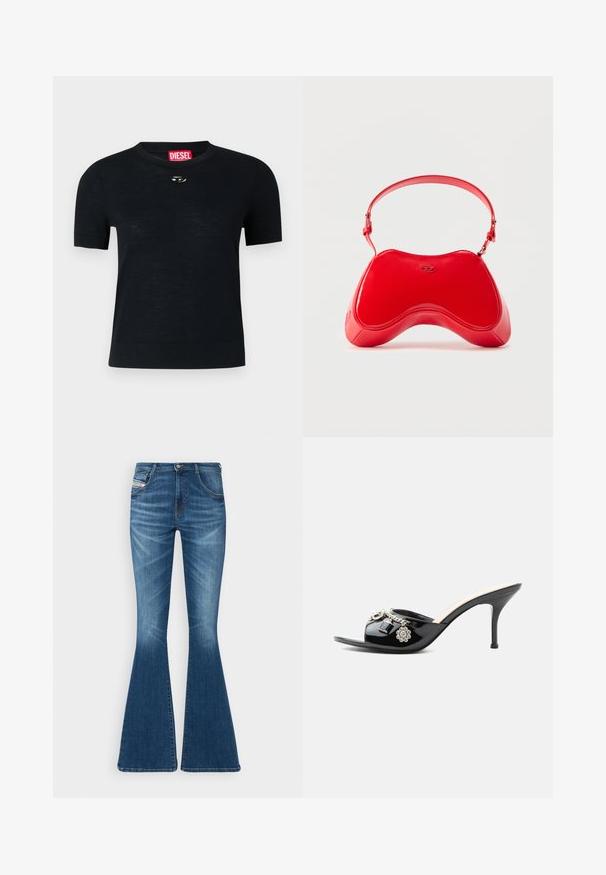 T-shirt noir à manches courtes avec col rond, fabriqué en tissu doux, comportant un accent argenté arrondi près de l'encolure et une étiquette rouge.; Jean évasé en denim bleu moyen, avec une taille haute, un design à cinq poches et des détails de décoloration subtils au niveau des cuisses.; Mule à talon haut en cuir verni noir avec bout ouvert et breloques argentées décoratives comprenant une fleur et un cadenas sur la bride avant.; Sac en cuir verni rouge avec une forme incurvée et ergonomique, doté d'une fine sangle réglable et d'un discret logo sur le devant.