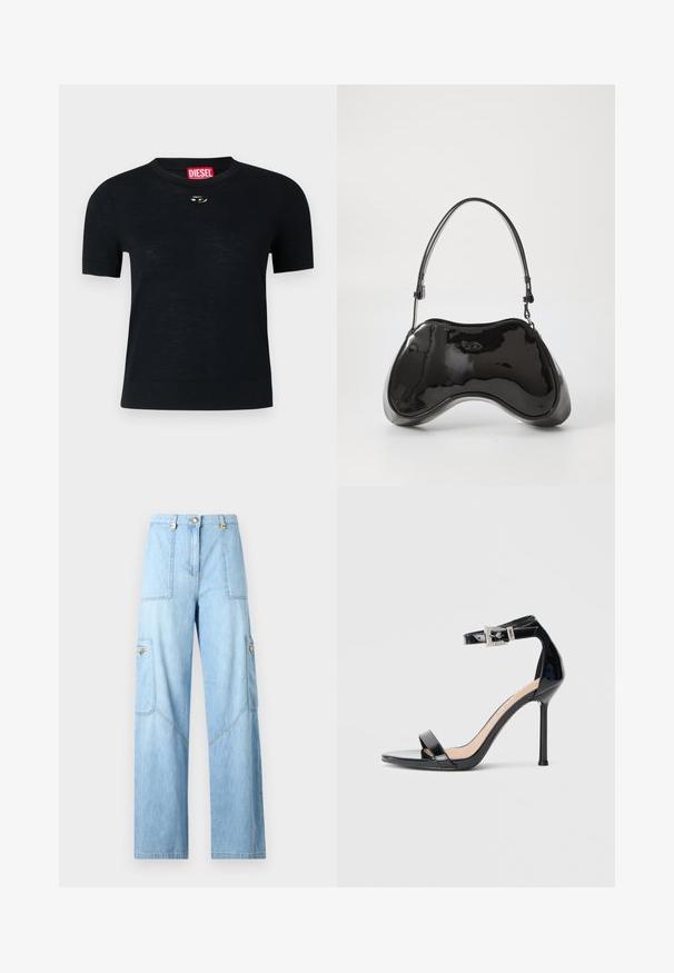 Camiseta negra de manga corta con cuello redondo, confeccionada en tejido suave, que presenta un acento plateado redondeado cerca del escote y una etiqueta roja.; Vaqueros de pierna ancha azul claro de denim. Cuenta con grandes bolsillos laterales, detalles de costura y un cierre de botón con acentos dorados.; Sandalia de tacón alto en piel sintética negra con correa en el tobillo. Presenta un diseño minimalista, punta abierta y una hebilla con detalles de pedrería.; Bolso de mano de piel sintética negra con un diseño curvado único, asas cortas y ajustables, y abertura con cremallera en la parte superior. Textura suave con una sutil marca.