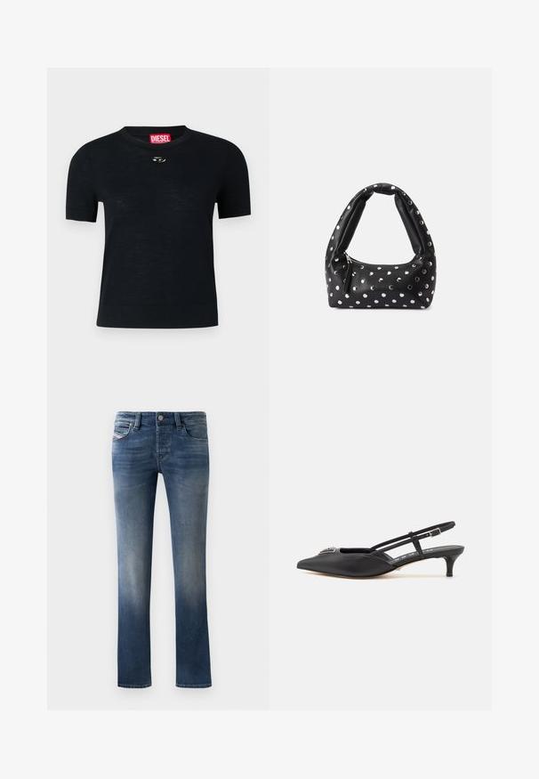 Camiseta negra de manga corta con cuello redondo, confeccionada en tejido suave, que presenta un acento plateado redondeado cerca del escote y una etiqueta roja.; Jeans de denim azul oscuro con un diseño de pierna recta, que presentan un ligero desgaste en los muslos y un estilo clásico de cinco bolsillos.; Zapatos slingback negros con punta afilada, hechos de material suave, con un pequeño tacón y un acento decorativo plateado en el empeine.; Bolso de cuero negro con un asa curva, adornado con puntos plateados y un cierre de cremallera en un lado.