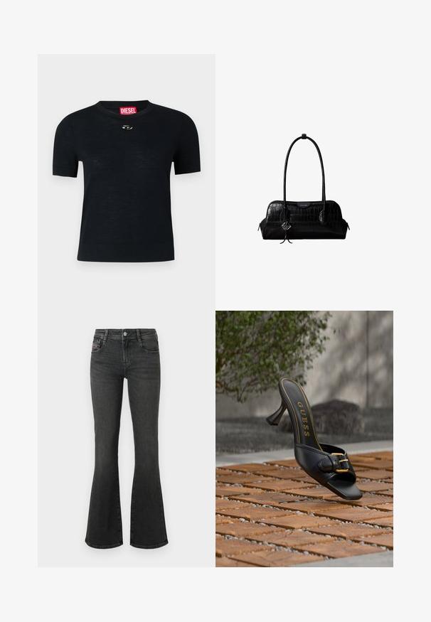 Sort kortærmet T-shirt med rund hals, lavet af blødt stof, med en rund sølvdetalje nær halsudskæringen og et rødt mærke.; Sorte denimflare jeans med mellemhøjt talje, fem-lomme design og syningsdetaljer på lommerne. Glat tekstur med let skær.; Sort højhælet mule med guldlås og "GUESS"-logo indeni, placeret på tekstureret udendørs flisebelægning med sløret grønt baggrund.; Sort skuldertaske i krokodillelæder med lange stropper og lille sølvlogo-charm på den ene strop.