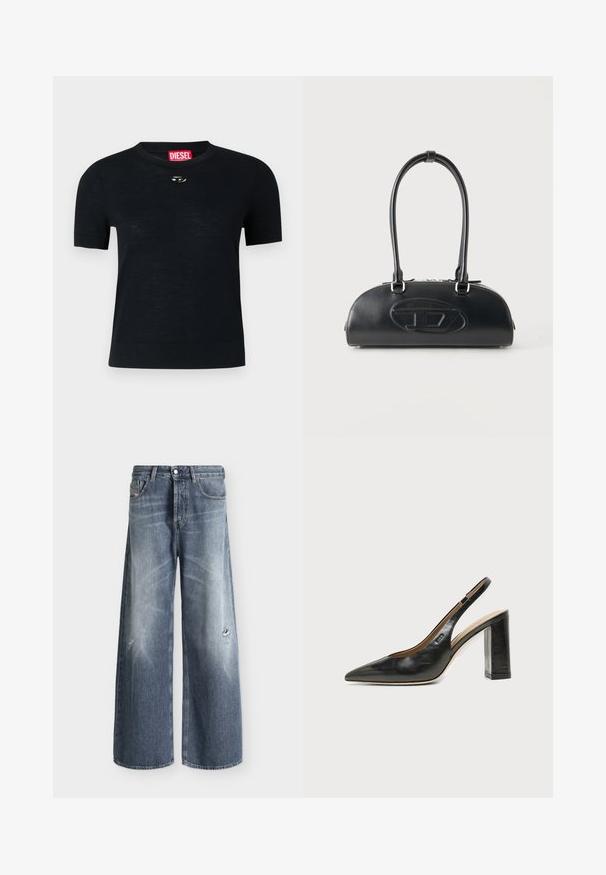 T-shirt noir à manches courtes avec col rond, fabriqué en tissu doux, comportant un accent argenté arrondi près de l'encolure et une étiquette rouge.; Jean bleu à coupe large avec légère décoloration et petits détails usés sur le haut des cuisses, avec cinq poches et passants pour ceinture.; Chaussure slingback en cuir noir à bout pointu avec un talon bloc haut et une doublure intérieure beige sur un fond clair uni.; Sac à main en cuir noir avec longues poignées doubles et logo ovale embossé sur le devant, présenté sur un fond clair uni.