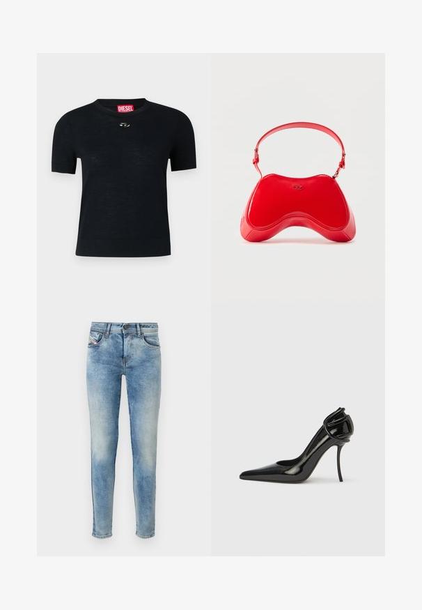 Zwarte T-shirt met korte mouwen en een ronde hals, gemaakt van zachte stof, met een afgeronde zilveren accent nabij de halslijn en een rood etiket.; Lichtblauwe denim jeans met een slim fit, vijfzakkenontwerp en een licht vervaagde textuur. Voorzien van een knoopsluiting en gestikte details.; Zwarte pumps van lakleer met een spits toelopende neus en een open achterkant. Heeft een unieke gebogen accent bij de hiel. Strak en glanzend afgewerkt.; Rode tas van lakleer met een gebogen, ergonomische vorm, voorzien van een dunne verstelbare band en een subtiel logo-accent aan de voorkant.
