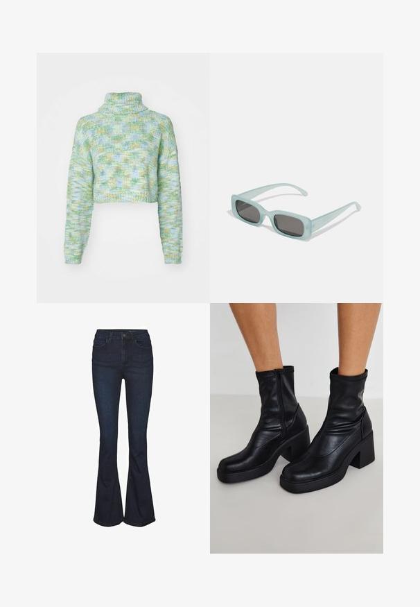 ONLY ONLELOISE CROP ROLLNECK - Πουλόβερ - absinthe green; Σκούρο μπλε τζιν παντελόνι καμπάνα με ψηλή μέση, που διαθέτει πέντε τσέπες και διακριτικές ραφές. Λιτή υφή με κλασικό σχέδιο.; Μαύρα δερμάτινα μποτάκια στον αστράγαλο με ψηλό τετράγωνο τακούνι, διαθέτουν πλαϊνό φερμουάρ, λεία υφή και σχέδιο σε μύτη σε σχήμα κώνου.; Ενα ζευγάρι ορθογώνια γυαλιά ηλίου με ανοιχτό μπλε ημιδιαφανείς σκελετούς και σκούρους γκρι φακούς, διαθέτοντας ίσιες βραχίονες και ελάχιστες λεπτομέρειες υλικών.