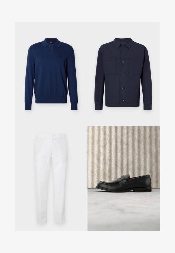 Marineblaues langärmeliges Poloshirt mit zwei Knöpfen, gerippten Bündchen und Saum sowie kleinem "BOSS"-Logo auf der linken Brust.; Dunkelblaue knopffrontjacke aus einem Stoff mit glatter Textur. Verfügt über zwei Brusttaschen und einen spitzen Kragen, mit vier vorderen Knöpfen.; Weiße Slim-Fit-Hose mit Gürtelschlaufen und Seitentaschen, flach auf hellem Hintergrund ausgelegt.; Schwarzer Lederloafer mit einer Metallmarkenplatte, der nahe einem braunen runden Tisch auf beigem Teppichboden ruht.