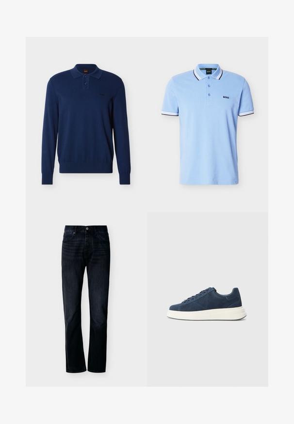 Polo de manga larga azul marino con dos botones, puños y bajo acanalados, y pequeño logo "BOSS" en el pecho izquierdo.; Polo de manga corta azul claro con cuello y bordes de mangas a rayas blancas y negras, tapeta de botones y logo "BOSS" en el pecho.; Vaqueros de pierna recta en índigo oscuro con cierre frontal de botón y cremallera, trabillas para cinturón y diseño de cinco bolsillos, mostrados sobre un fondo claro y liso.; Zapatillas de ante azul marino con suela de goma blanca, que cuentan con seis ojales, un forro texturizado y un diseño minimalista con sutiles detalles de costura.
