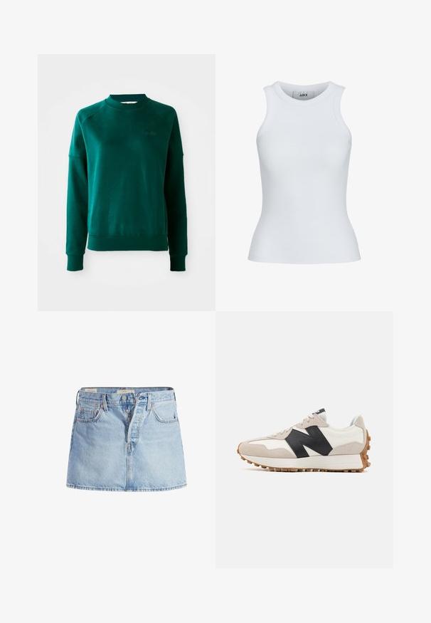 Grøn crewneck sweatshirt med raglanærmer, lavet af blødt stof. Har en ribbet krave og manchetter samt diskret branding på brystet.; Hvid ribbet tanktop med en rund udskæring og ærmeløst design. Har en slim fit og blød tekstur, velegnet til lagpåsætning.; Lysblå denimnederdel med et tætsiddende talje, fem-pockets design, frontknaplukning og subtile falmede områder i stoffet.; Hvid og beige sneaker med sort "N" logo, gummisål med traktionstifter og snørelukning vist i sideprofil.