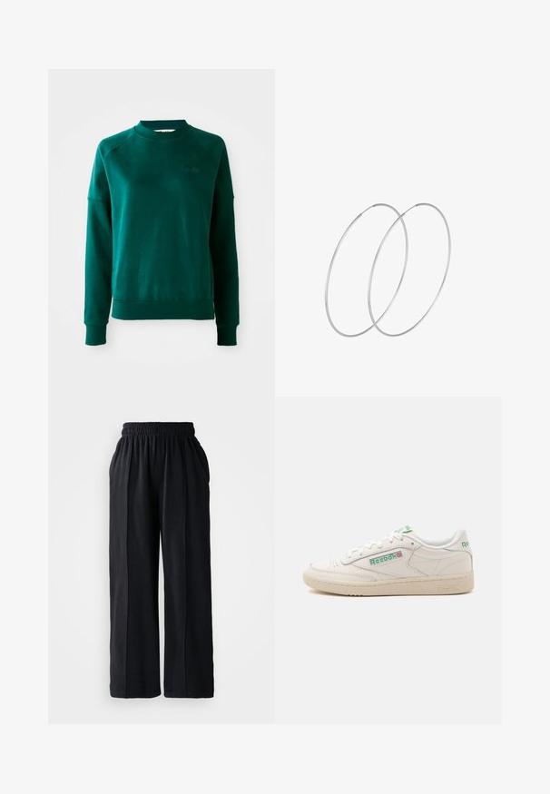 Sudadera verde de cuello redondo con mangas raglán, fabricada con tejido suave. Presenta un cuello y puños acanalados, y sutilmente marca en el pecho.; Pantalones de pierna ancha negros con cinturilla elástica, fabricados en tejido suave, que presentan una textura lisa y líneas de diseño limpias.; Zapatilla blanca de corte bajo de Reebok con logo verde, cordones y suela beige, mostrada desde el lado interior sobre un fondo liso.; Pendientes de aro plateados con un diseño minimalista. Forma circular, textura suave y perfil delgado. Livianos con un acabado pulido.