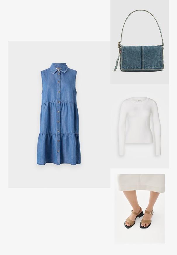Biely dlhý rukáv ribbed top s okrúhlym výstrihom. Tkanina je hladká, s jemnou textúrou a priliehavým strihom. Žiadne viditeľné kovanie ani vzory.; Denim šatové šaty bez rukávov s predným zapínaním na gombíky, tiered volánovou sukňou, bodkovaným golierom a svetlomodrou farbou.; Nohy v béžových semišových otvorených sandáloch na členky s nízkymi blokovými opätkami, doplnené svetlými krátkymi nohavicami.; Denimová taška na rameno s prehnutým dizajnom, svetlo modrej farby, s viditeľným prešívaním, nastaviteľným popruhom a bočným štítkom ako akcentom.