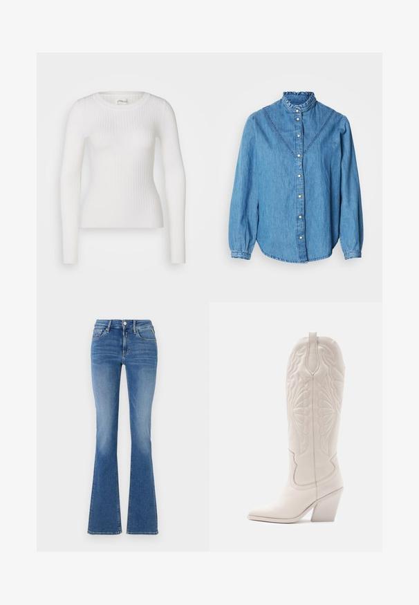 Haut à manches longues blanc en tissu côtelé avec un col rond. Le tissu est lisse, avec une texture subtile et une coupe ajustée. Pas de matériel ou de motifs visibles.; Chemise en denim bleu avec un col montant froncé, une fermeture boutonnée à l'avant et des manches longues. Elle présente des coutures décoratives et un ourlet légèrement arrondi.; Jeans taille haute en denim bleu avec poches avant, fermeture à bouton et à glissière, et jambes évasées.; Bottine de cowboy en cuir blanc avec un bout pointu et un talon bloc. Présente des motifs de broderie complexes sur la tige et une texture lisse.