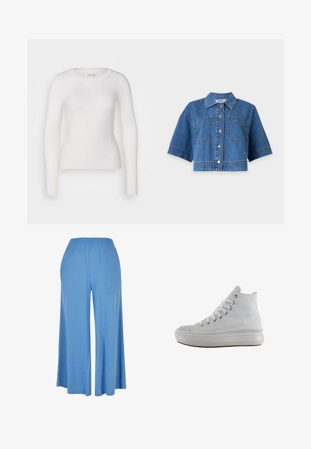 Witte lange mouwen geribbelde top met een ronde hals. De stof is soepel, met een subtiele textuur en een aansluitend ontwerp. Geen zichtbare hardware of patronen.; Blauw cropped denim overhemd met korte mouwen, knoopsluiting aan de voorkant, twee borstzakken en een kraag.; Lichtblauwe wijde broek van zacht materiaal, met een elastische tailleband en een losse pasvorm die tot halverwege de kuit reikt.; Witte hoge canvas sneaker met witte veters, metalen oogjes, dikke rubberen zool en gestructureerde neuskap, naar links gericht op een witte achtergrond.