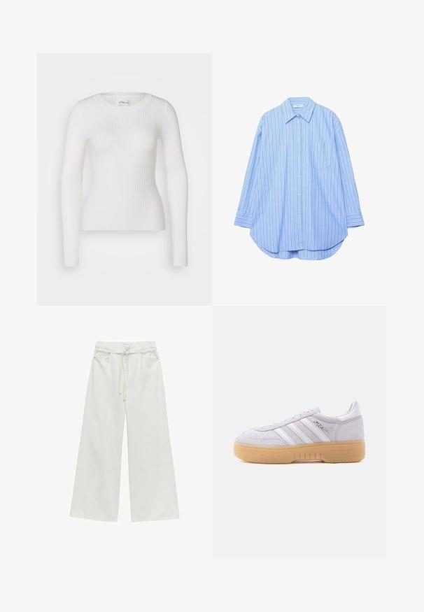 Hvid langærmet ribbet top med en rund halsudskæring. Stoffet er glat og har en subtil tekstur samt en tætsiddende design. Ingen synlige detaljer eller mønstre.; Lyseblå langærmet skjorte med knapper, smalle mørke lodrette striber, spids krave, brystlomme og buet kant.; Højtaljede, vide hvide bukser med bæltestropper, frontknap, snøre og forlommer.; Hvid ruskinds Adidas-sneaker med gumssål, tre hvide striber og "Spezial"-tekst på siden, vist fra den indvendige side.