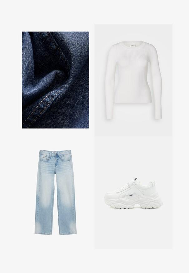 Haut à manches longues blanc en tissu côtelé avec un col rond. Le tissu est lisse, avec une texture subtile et une coupe ajustée. Pas de matériel ou de motifs visibles.; Tissu en denim bleu foncé avec une légère brillance, présentant une texture douce et froissée ainsi qu'une couture visible en fil beige contrastant.; Jean bleu clair à jambes larges avec cinq poches, passants pour ceinture, fermeture par bouton et légère décoloration sur l'avant des cuisses et des genoux.; Des sneakers blancs chunky avec un dessus en cuir lisse, un bout rond et une semelle épaisse texturée avec un logo de marque visible sur le côté.