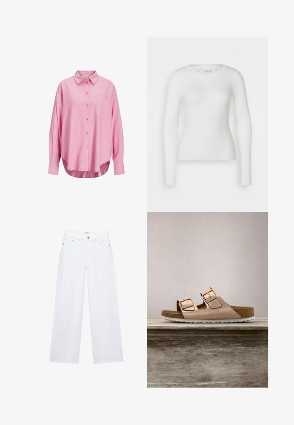 Hvid langærmet ribbet top med en rund halsudskæring. Stoffet er glat og har en subtil tekstur samt en tætsiddende design. Ingen synlige detaljer eller mønstre.; Lyserød button-up skjorte med krave, lange ærmer, enkelt brystlomme og en let afrundet kant. Stoffet ser blødt ud.; Hvide jeans med høj talje og vide ben med knap- og lynlåslukning, for- og baglommer samt sølvfarvede nitter som detaljer.; Rosenfarvede slidesandaler i metal med to justerbare metalspænder, korkfodbed og hvid gummisål. Glat metalfinish, åben tå-design.