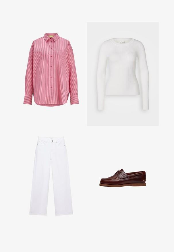 Hvid langærmet ribbet top med en rund halsudskæring. Stoffet er glat og har en subtil tekstur samt en tætsiddende design. Ingen synlige detaljer eller mønstre.; Langærmet lyserød skjorte med lodrette røde striber, knaplukning foran, spids krave, brystlomme og brede manchetter.; Hvide jeans med høj talje og vide ben med knap- og lynlåslukning, for- og baglommer samt sølvfarvede nitter som detaljer.; Brun læder bådsko med snørre, syningsdetaljer og Timberland-logo på siden, vist på en hvid baggrund.
